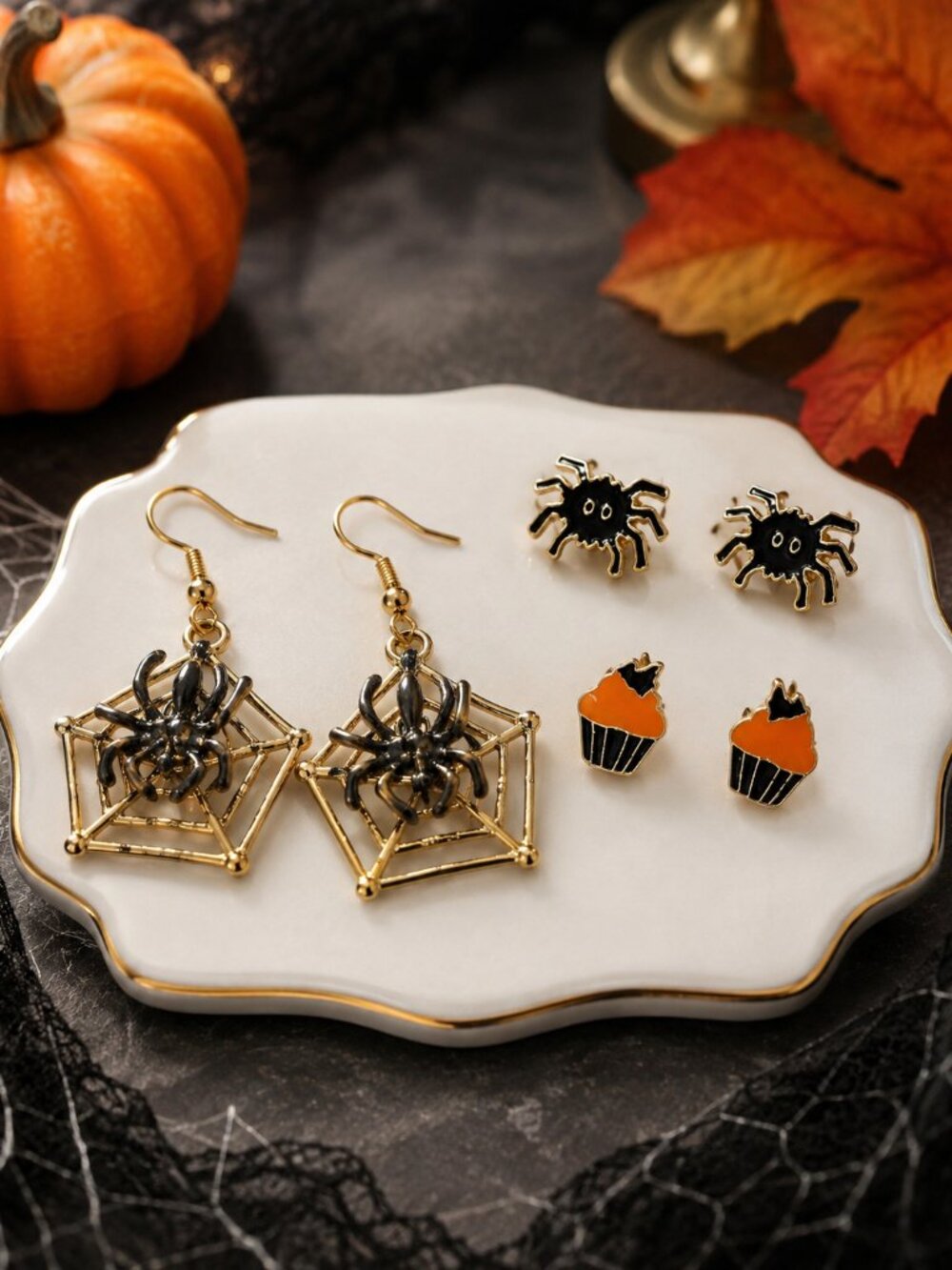 New Set of 3 Pairs Halloween Earrings Spider Candy Corn Cupcake